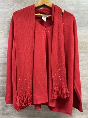 Carolyn Taylor Sweater Womens Plus 26/28 V-Neck Red Sweater w/ Rhinestones Scarf